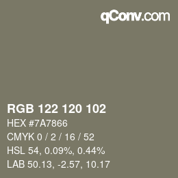 Color code: RGB 122 120 102 | qconv.com