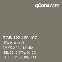 Color code: RGB 122 120 107 | qconv.com