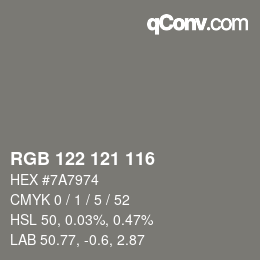 Color code: RGB 122 121 116 | qconv.com