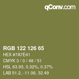 Color code: RGB 122 126 65 | qconv.com