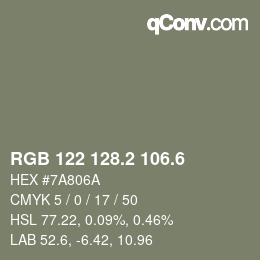 カラーコード: RGB 122 128.2 106.6 | qconv.com