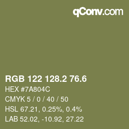 カラーコード: RGB 122 128.2 76.6 | qconv.com