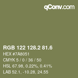 カラーコード: RGB 122 128.2 81.6 | qconv.com