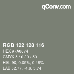 Color code: RGB 122 128 116 | qconv.com