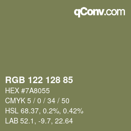 Color code: RGB 122 128 85 | qconv.com