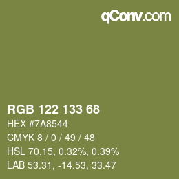 Color code: RGB 122 133 68 | qconv.com