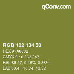 Color code: RGB 122 134 50 | qconv.com