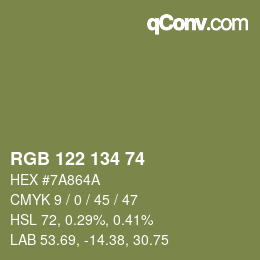 Color code: RGB 122 134 74 | qconv.com