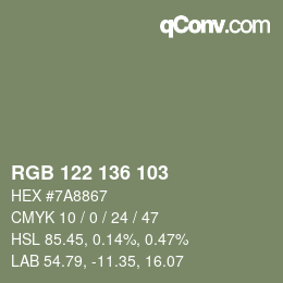 Color code: RGB 122 136 103 | qconv.com