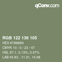 Color code: RGB 122 136 105 | qconv.com