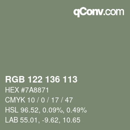 Color code: RGB 122 136 113 | qconv.com