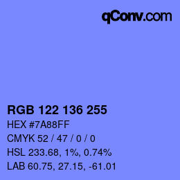 Color code: RGB 122 136 255 | qconv.com