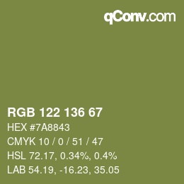 Color code: RGB 122 136 67 | qconv.com