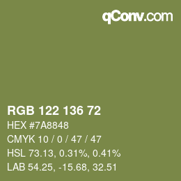 Color code: RGB 122 136 72 | qconv.com