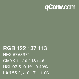 Color code: RGB 122 137 113 | qconv.com