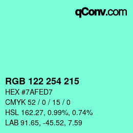 カラーコード: RGB 122 254 215 | qconv.com