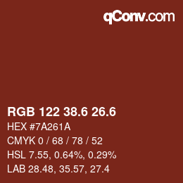 カラーコード: RGB 122 38.6 26.6 | qconv.com