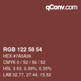 Color code: RGB 122 58 54 | qconv.com