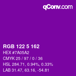 Color code: RGB 122 5 162 | qconv.com