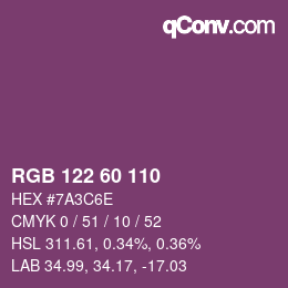 Color code: RGB 122 60 110 | qconv.com