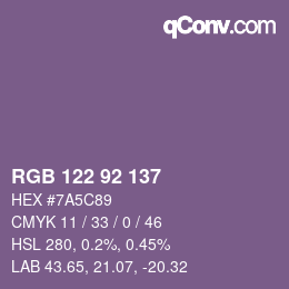 Color code: RGB 122 92 137 | qconv.com