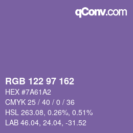 Color code: RGB 122 97 162 | qconv.com