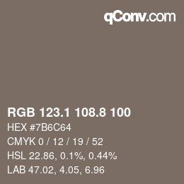 Color code: RGB 123.1 108.8 100 | qconv.com