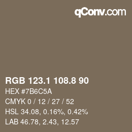 Color code: RGB 123.1 108.8 90 | qconv.com