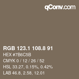 Color code: RGB 123.1 108.8 91 | qconv.com