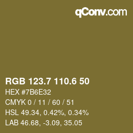 カラーコード: RGB 123.7 110.6 50 | qconv.com