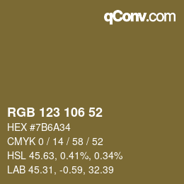 Color code: RGB 123 106 52 | qconv.com