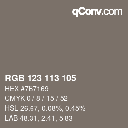 Color code: RGB 123 113 105 | qconv.com