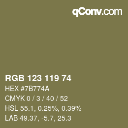 Color code: RGB 123 119 74 | qconv.com
