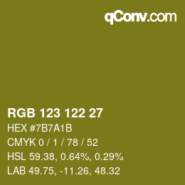 Color code: RGB 123 122 27 | qconv.com