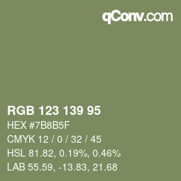 Color code: RGB 123 139 95 | qconv.com