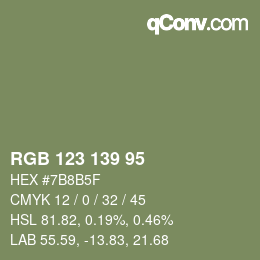 Color code: RGB 123 139 95 | qconv.com