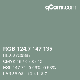 カラーコード: RGB 124.7 147 135 | qconv.com