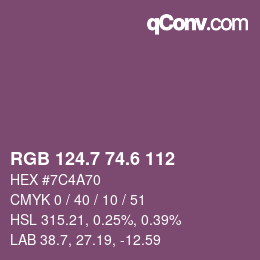 カラーコード: RGB 124.7 74.6 112 | qconv.com