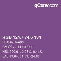 カラーコード: RGB 124.7 74.6 134 | qconv.com