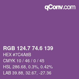 カラーコード: RGB 124.7 74.6 139 | qconv.com