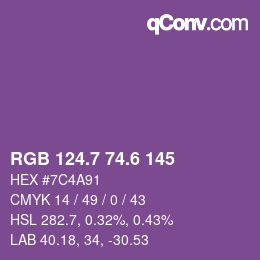 カラーコード: RGB 124.7 74.6 145 | qconv.com