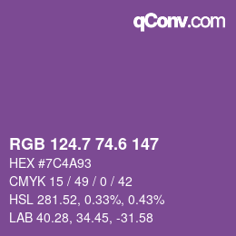 カラーコード: RGB 124.7 74.6 147 | qconv.com