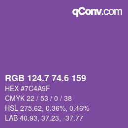 カラーコード: RGB 124.7 74.6 159 | qconv.com