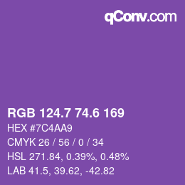 カラーコード: RGB 124.7 74.6 169 | qconv.com