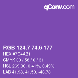 カラーコード: RGB 124.7 74.6 177 | qconv.com