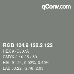 カラーコード: RGB 124.9 128.2 122 | qconv.com