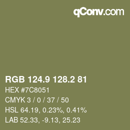 Color code: RGB 124.9 128.2 81 | qconv.com