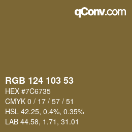 Color code: RGB 124 103 53 | qconv.com