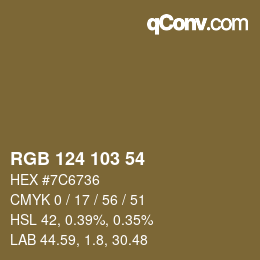 Color code: RGB 124 103 54 | qconv.com