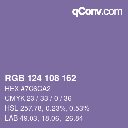 Color code: RGB 124 108 162 | qconv.com